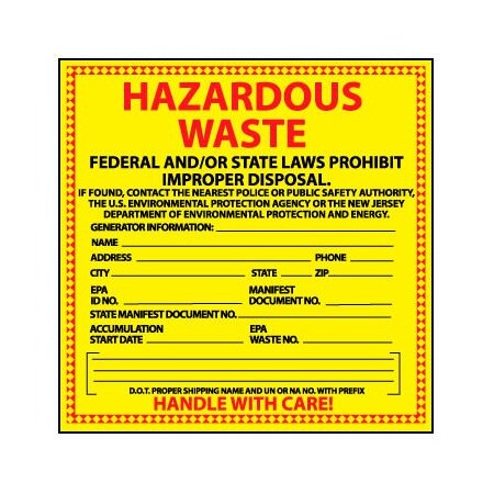 National Marker Co Hazardous Waste Vinyl Labels - State of New Jersey HW17